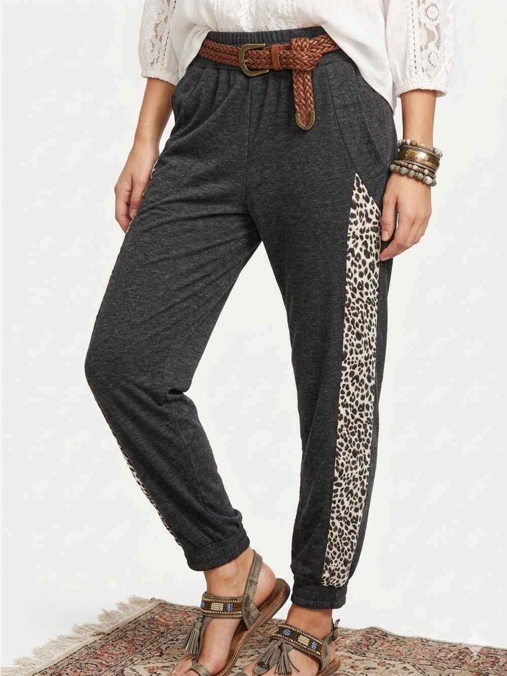 NWT Umgee Gray and Leopard Print Joggers Size S